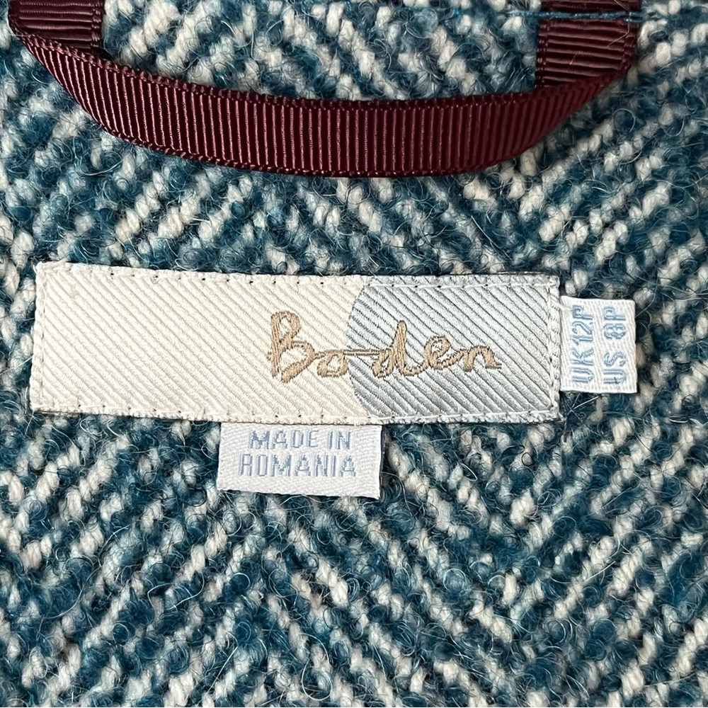 Boden Wool Alpaca Herringbone Coat Teal Blue Collarless Raglan Sleeve Size 8P - Picture 5 of 13